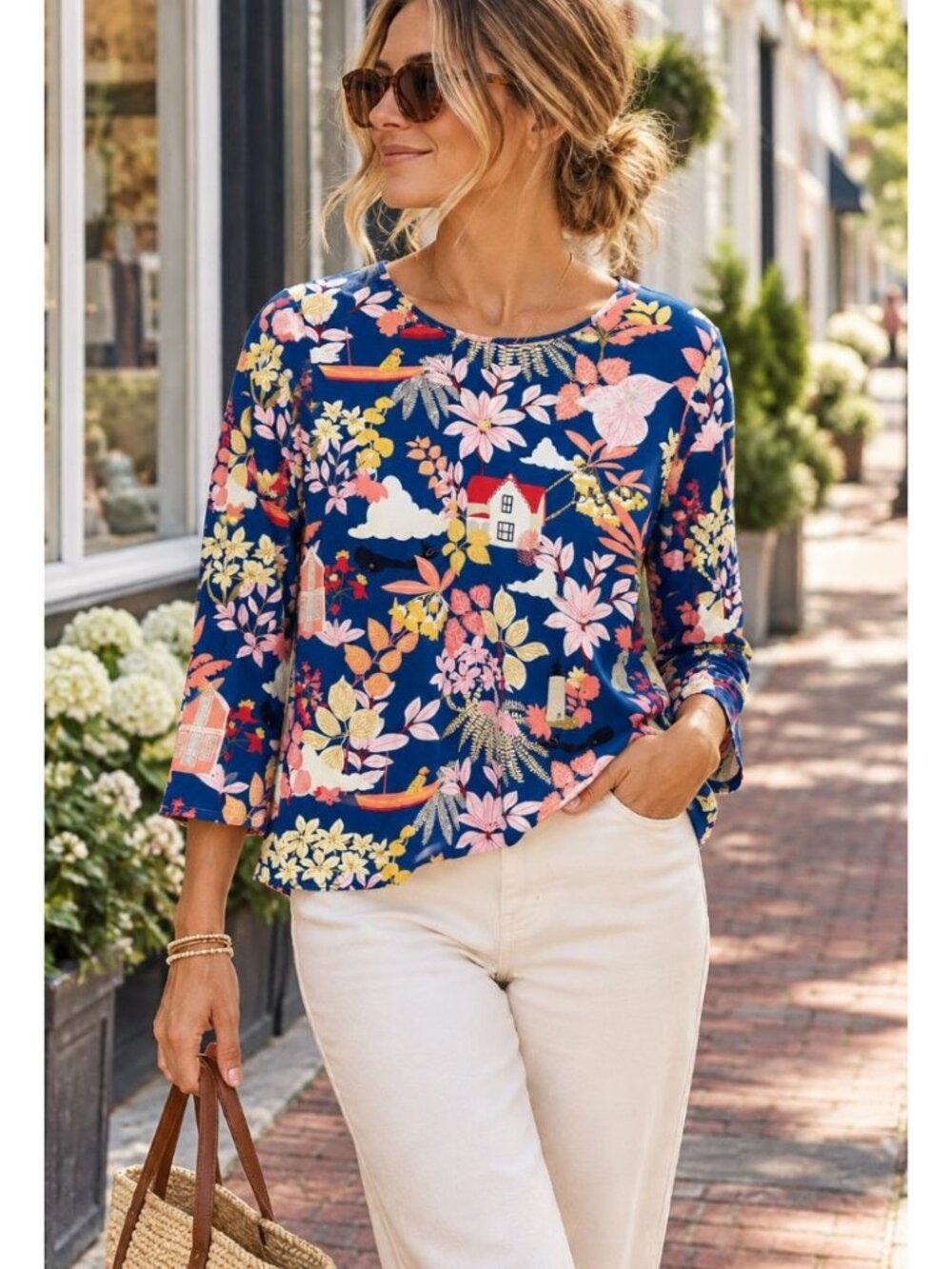 J. McLaughlin Along the Coast Dog Floral Limited Edition Top L Whimsical Chic